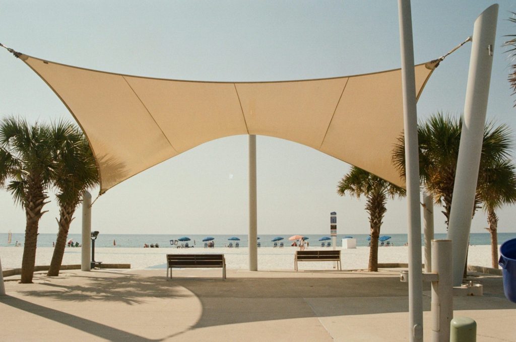 Beach pavilion with palm trees and ocean view